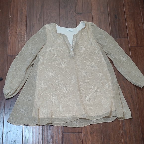 Adrienne Tops - Adrienne Tan & Cream Snakeskin Overlay Top with Sheer Sleeves size Small